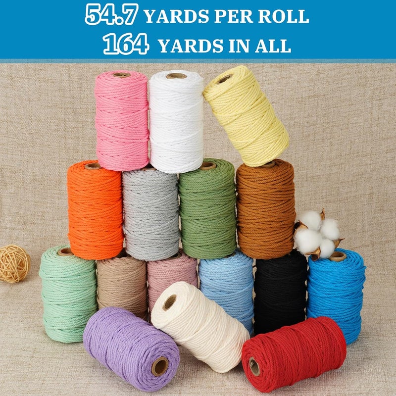 PHUNTTEK Macrame Cord 3mm x 164 Yards, 3 Rolls Blue Colored Macrame Cotton Cord Rope Kit Macrame Yarns Bulk String 4 Strands Twisted for Wall Hanger Plant Hanging DIY Crafts Knitting Macrame Supplies - Image 5